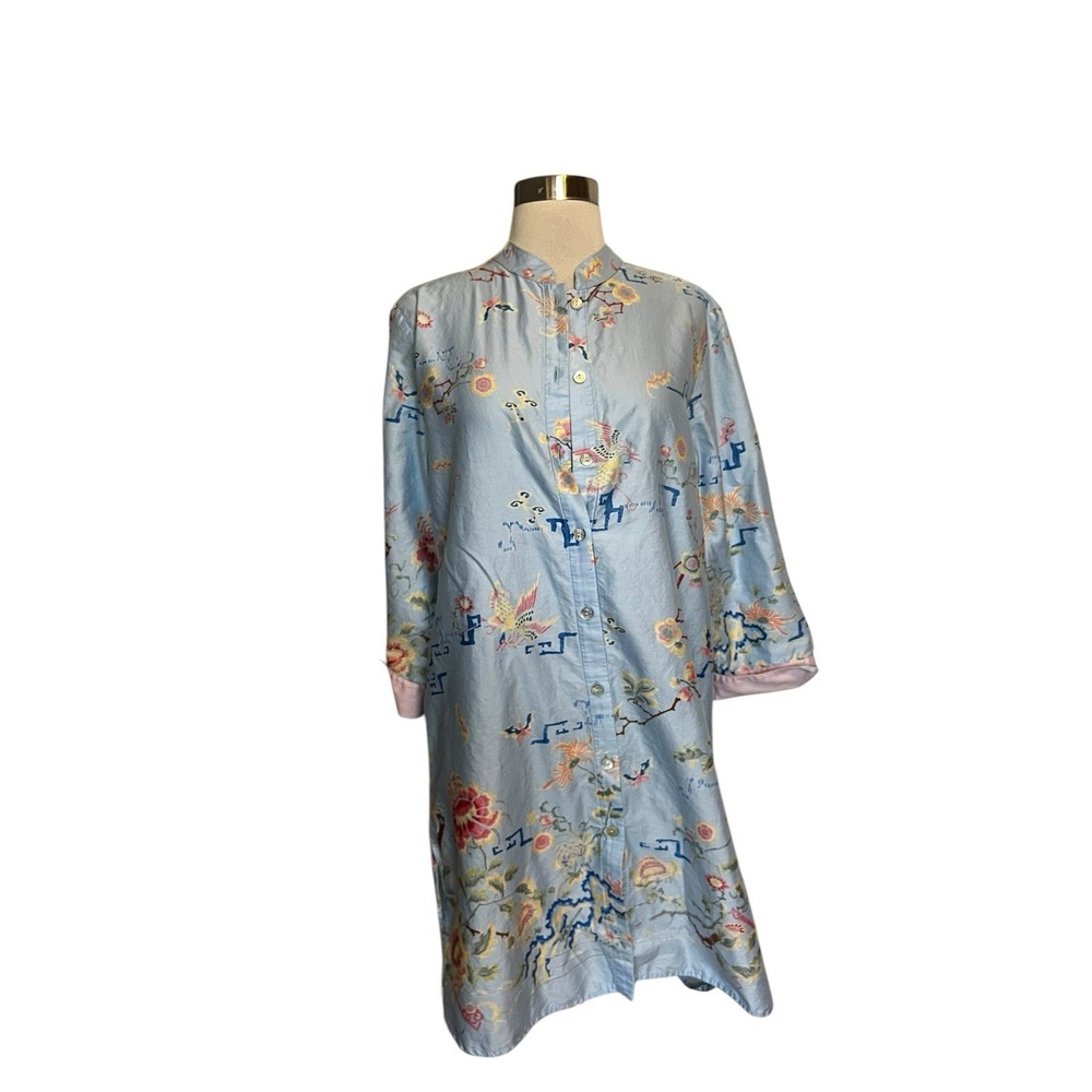 Natori Sleep dress Caftan Robe M Blue Chinoiserie Night Gown Button Front